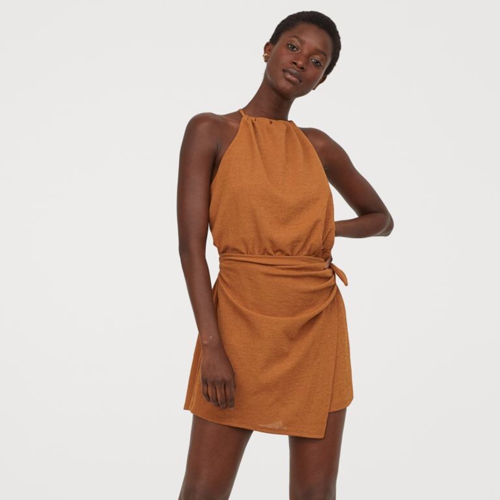H&M Rust Brown Halter Tie-Waist Mini Dress